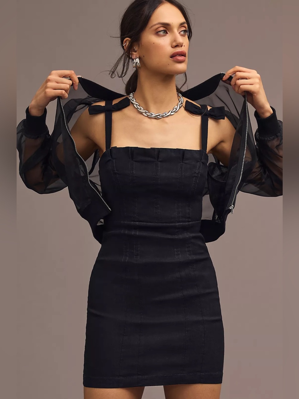 Anthropologie Cotton & Linen Black Tie-Shoulder Mini Dress Ruffle Detailing LBD
